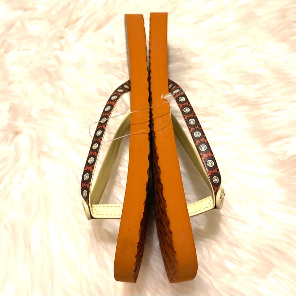 {Tory Burch} Orange Floral Flat Flip Flops with Leather Straps - Ivory Logo - Picture 2 of 7